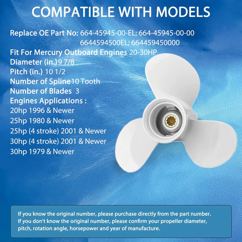 9 7/8 X 10 1/2 Inch Aluminum Boat Propeller For Yamaha Outboards 20 HP 25 HP 30 HP Right Hand 3 Blades White Replaces 664-45945-00-EL 664-45945-00-00 664459450000