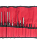 Tough As Nails 18 Piece Roll Pin Punch Set With 8 Inch Long And 4 Inch Short Pins sized 1/16 to 3/8 inch in canvas roll.
