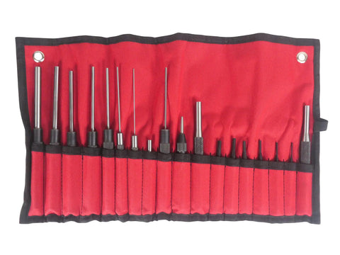 Tough As Nails 18 Piece Roll Pin Punch Set With 8 Inch Long And 4 Inch Short Pins sized 1/16 to 3/8 inch in canvas roll.