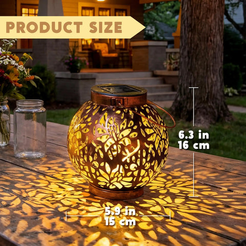 Two Pack Outdoor Solar Hanging Lantern Lights With Handle Waterproof Tabletop LED Moroccan Style Metal Garden Lanterns For Patio Lawn Porch Backyard Dope Lighting, glowing lantern on table