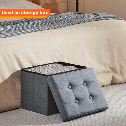Open Storage Ottoman Footrest Stool With Hidden Storage, Foldable Footstool Bench For Living Room, 17 X 13 X 13 Inches, Gray Upholstery