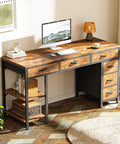 47 Inch Rustic Brown Corner Desk With Six Fabric Drawers And Shelves, Reversible Gaming And Office Desk in a home setting