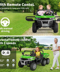 24V Dual Motor 2 Seater Ride On Dump Truck For Big Kids on grass with parent using remote control
