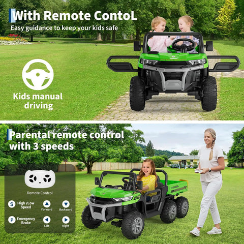 24V Dual Motor 2 Seater Ride On Dump Truck For Big Kids on grass with parent using remote control