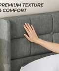 King Size Lift Up Storage Bed Frame With Linen Upholstered Wingback Headboard Heavy Duty Hydraulic Gas Lift Platform Base Room Savior Smart Underbed Stash Zero Squeak Grey close-up of textured grey headboard with hand resting on it.
