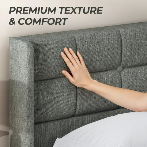 King Size Lift Up Storage Bed Frame With Linen Upholstered Wingback Headboard Heavy Duty Hydraulic Gas Lift Platform Base Room Savior Smart Underbed Stash Zero Squeak Grey close-up of textured grey headboard with hand resting on it.