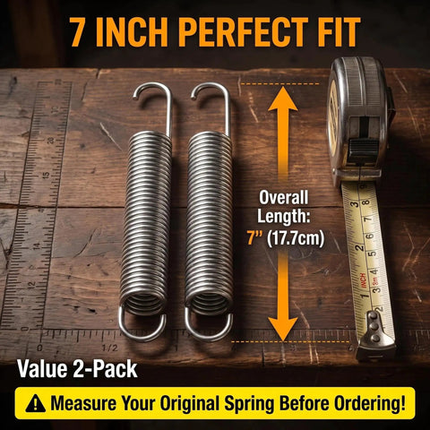 Built Tough Two Pack Heavy Gauge Steel Tension Springs Designed For Exact Seven Inch Hook To Hook Recliner Mechanism with measuring tape