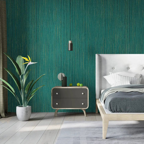 Teal Green Grasscloth Peel And Stick Wallpaper For Walls Self Adhesive Textured Linen Vinyl Covering Waterproof Faux Grasscloth For Home Decor Makes A Boss Wave In Your Space Large 30 By 236 Inches in modern bedroom design with bed and plant.