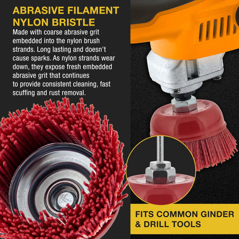 Close-up of Drill Ready Four Inch Coarse Abrasive Nylon Bristle Cup Brush With Five Eighths Inch Eleven Thread And One Quarter Inch Hex Shank Arbor For Angle Grinders, Ideal For Truck Bed Liner Prep, Rust And Paint Removal attached to angle grinder showing nylon bristles and metal arbor.
