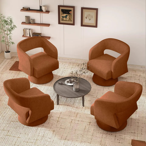 Swivel Accent Chair Set Of 2 In Soft Chenille, Modern Barrel Chairs With Round Arms in living room, 360 Degree Swivel, Caramel color