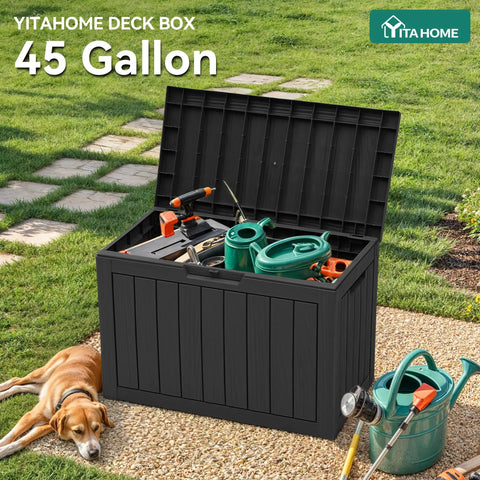 Outdoor Storage Box 45 Gallon Waterproof Resin Deck Box Lockable Organizer For Patio Poolside Deck Cushions Black with Tools