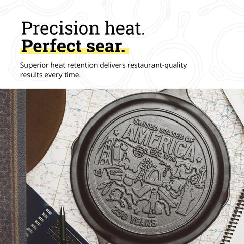 All American Cast Iron Skillet 10.25 Inch Pre Seasoned Frying Pan With Teardrop Handle 250th Anniversary Logo close-up