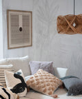 Boho Rattan Pendant Light With 8 Foot Cord Handwoven Shade 60W Max Hardwired Only Natural Woven Ceiling Fixture over cozy sofa.