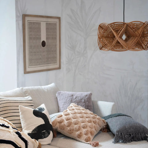 Boho Rattan Pendant Light With 8 Foot Cord Handwoven Shade 60W Max Hardwired Only Natural Woven Ceiling Fixture over cozy sofa.