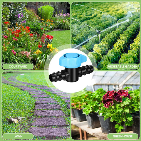 12 Pack One-Half Inch Drip Irrigation Barbed Valve Fittings With Ball Shut Off Barbed Switch Valves For Garden Sprinkler shown in gardens