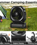 Beast Camping Fan With Light 20000mAh Battery, Up To 112 Hours On Low, 8 Speeds With Digital Display on grass next to tent