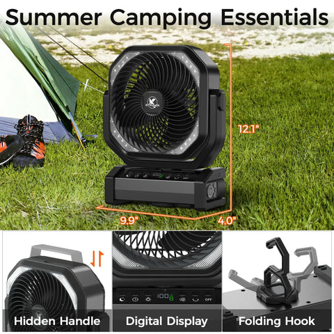 Beast Camping Fan With Light 20000mAh Battery, Up To 112 Hours On Low, 8 Speeds With Digital Display on grass next to tent