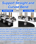 Close-up of Three Station Edge Roller Bender for metal roofing, showing dual straight and curved bending styles with rollers and metal plate.