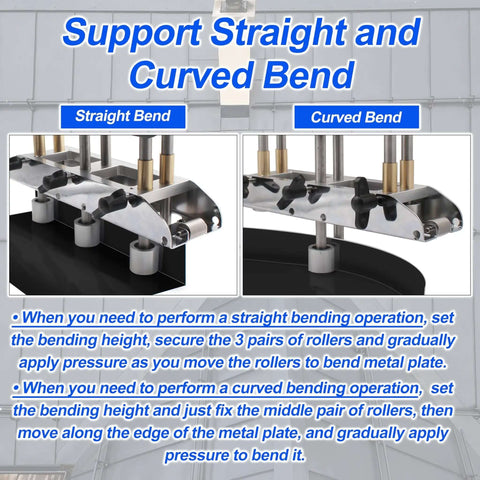 Close-up of Three Station Edge Roller Bender for metal roofing, showing dual straight and curved bending styles with rollers and metal plate.