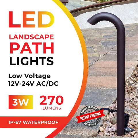 Low Voltage 3W LED Landscape Bollard Path Light Kit In Brown Finish, Modern Curved Design, Waterproof IP67, No Fuss Outdoor Pathway Lighting For Driveways And Walkways, 4 Pack