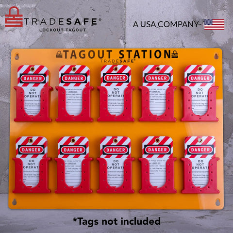 Wall Mount Lockout Tagout Board With 10 Impact Resistant Acrylic Holders, Each Holder Fits 20 LOTO Tags shown organized neatly