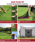 Assembly steps for Heavy Duty Golf Hitting Net showing frame connection, pole insertion, rope attachment, and completed setup outdoors.