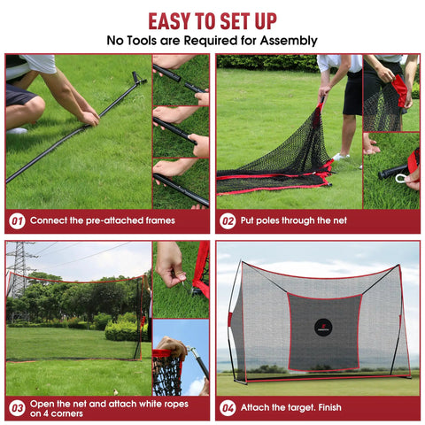 Assembly steps for Heavy Duty Golf Hitting Net showing frame connection, pole insertion, rope attachment, and completed setup outdoors.