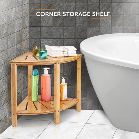 Corner Bamboo Shower Bench With Storage Shelf, 2 Tier Wood Seat, Non Slip Feet next to a bathtub with toiletries and towels