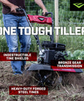 Person operating Versa 2-In-1 Tiller Cultivator Equipped With 99cc 4-Cycle Viper Engine, showing indestructible tine shields.