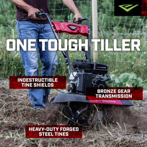 Person operating Versa 2-In-1 Tiller Cultivator Equipped With 99cc 4-Cycle Viper Engine, showing indestructible tine shields.