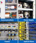 Communications, power supply, cables, and optical fibers in an organized electrical control panel.