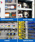 Communication, power supply, cables, and optical fibers shown in electrical control panels and enclosures.