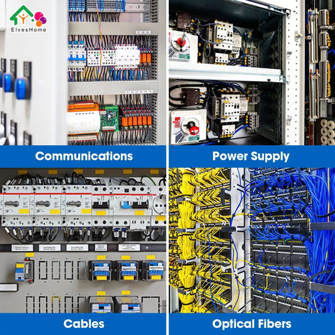 Communication, power supply, cables, and optical fibers shown in electrical control panels and enclosures.