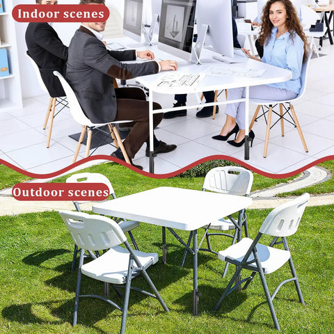 4 Pack Adjustable Table Leg Extenders Heavy Duty Steel Chair Risers used on indoor and outdoor folding tables with chairs.