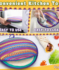 Multicolor 12 Inch Tortilla Warmer Pouch demonstrating use and cleaning with tortillas, a wrap, and fresh vegetables.