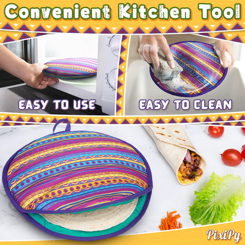 Multicolor 12 Inch Tortilla Warmer Pouch demonstrating use and cleaning with tortillas, a wrap, and fresh vegetables.