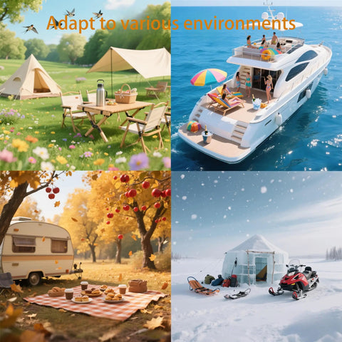 Collage of diverse outdoor environments with camping, boating, autumn picnic, and winter snow activities.