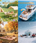 Collage showing various environments: camping in fields, relaxing on a yacht, picnicking by a trailer, and winter camping.