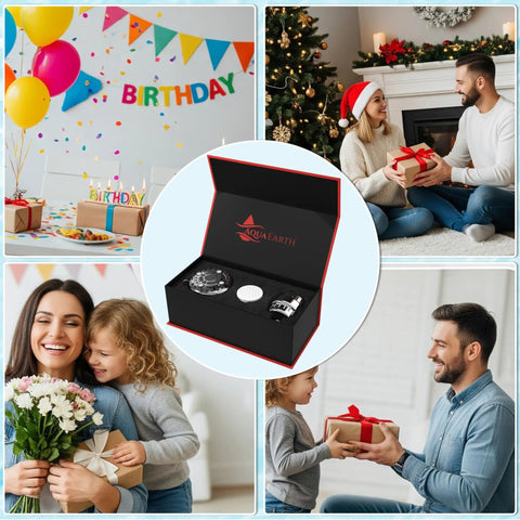 Gift Edition High Pressure Shower Head With 20 Stage Filtration set in a presentation box, surrounded by family gifting scenes