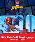 Spider-Man kids ride-on luggage with spinner wheels in blue, 19-inch Marvel licensed carry-on suitcase for children.