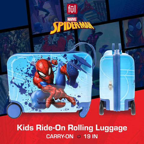 Spider-Man kids ride-on luggage with spinner wheels in blue, 19-inch Marvel licensed carry-on suitcase for children.