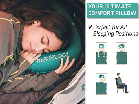 Person sleeping on Ultralight Inflatable Camping Pillow ALUFT 2.0 Ergonomic Neck And Lumbar Support, perfect for all sleeping positions.