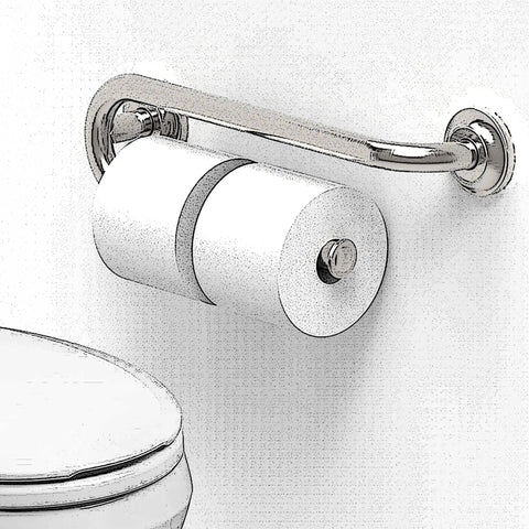 Heavy Duty Bathroom Grab Bar With Toilet Paper Holder, 250Lb Support, 16 Inch Stud Mount, visible by toilet, chrome finish.