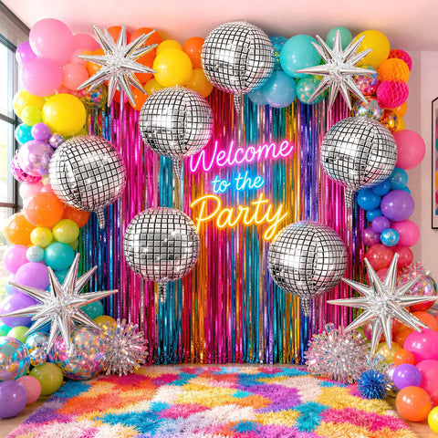 Massive 22 Inch Metallic Silver Disco Balloons With Star Accents 9 Pack For Themed Parties And Celebrations displayed vividly