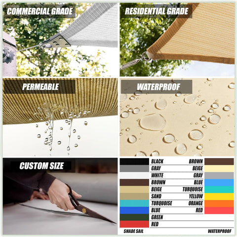 Collage showing Beige Sun Shade Sail Triangle 10 By 10 By 10 Feet Premium Mesh Fabric UV Block UPF50 190 GSM Heavy Duty Canopy details.