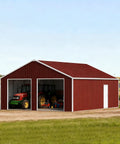 Full Size Metal Garage Shelter 25 By 33 Ft Galvanized Steel Barn Shed showcasing red exterior and large vehicles inside.