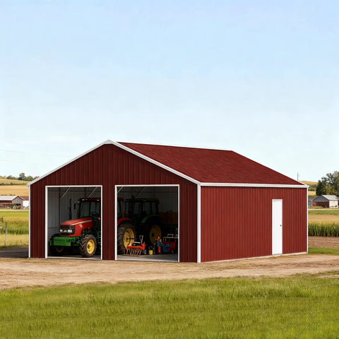 Full Size Metal Garage Shelter 25 By 33 Ft Galvanized Steel Barn Shed showcasing red exterior and large vehicles inside.