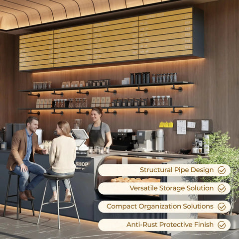 Industrial Pipe Shelf Brackets 6.7 Inch Set Of 6 Iron L Pipe Shelving in coffee shop counter with wooden backdrop