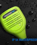 Green two pin walkie talkie speaker microphone with PTT for GMRS ham radio, waterproof design, close-up view