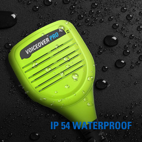 Green two pin walkie talkie speaker microphone with PTT for GMRS ham radio, waterproof design, close-up view